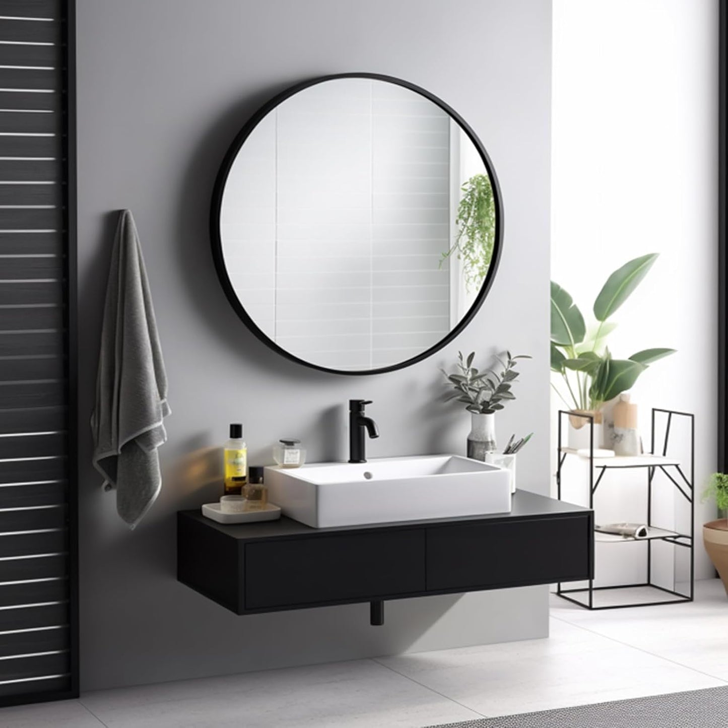 Sunniry Black Round Mirror, Round Mirror 24 inch, Black Circle Mirrors Matte Metal Frame, Wall Mounted Mirrors for Living Room, Bathroom, Wall, Entryway.