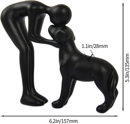 Abstract Resin Hand-Painted Sculpture of Person and Dog Bonding – Head-to-Head Intimate Figurine Decoration for Office、Living Room、Bedroom、Home， Memory Gifts for Pet Lovers (Sandstone)