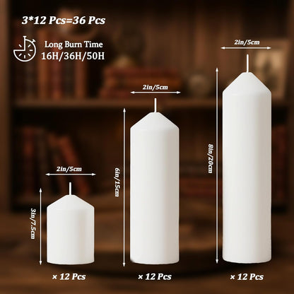 18 Pcs White Pillar Candles Bulk Set，Hurricane Candles，3 Different Lengths 2 x 3/4/6 Inch (6 Each)，Dripless Unscented Smokeless，Gives You a Better Atmosphere When Organizing an Event Party.