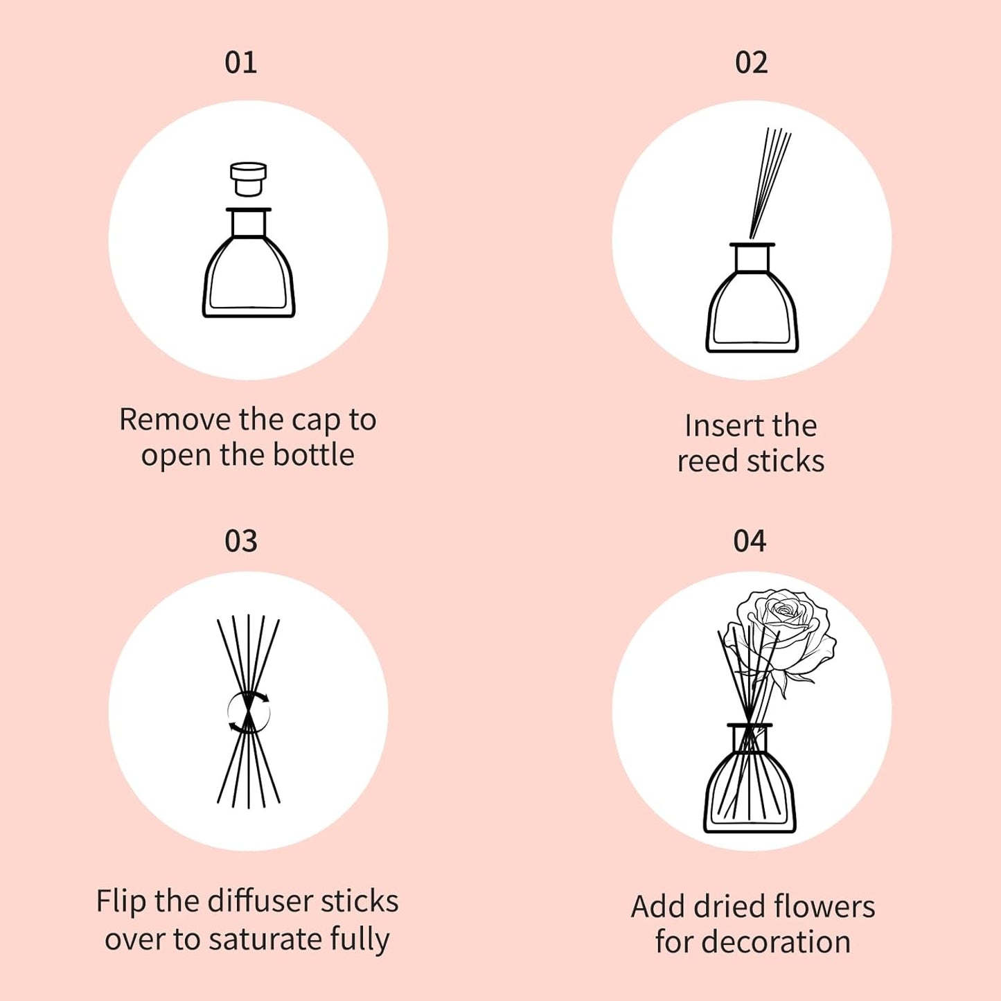 Reed Diffusers Set Flower Scented Diffuser for 140 Days, Flower Diffuser 8.5 fl oz with Dried Flowers and Decorative Rose, Long Lasting Home Fragrance with 10 Sticks for Bathroom, Shelf, Office Decor