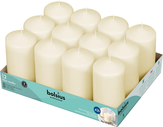 BOLSIUS 12 Ivory Pillar Candles - 2.7 x 6.7 inch Unscented Candle Set - Dripless Clean Burning Smokeless Dinner Candle - Perfect for Wedding Candles, Parties and Special Occasions