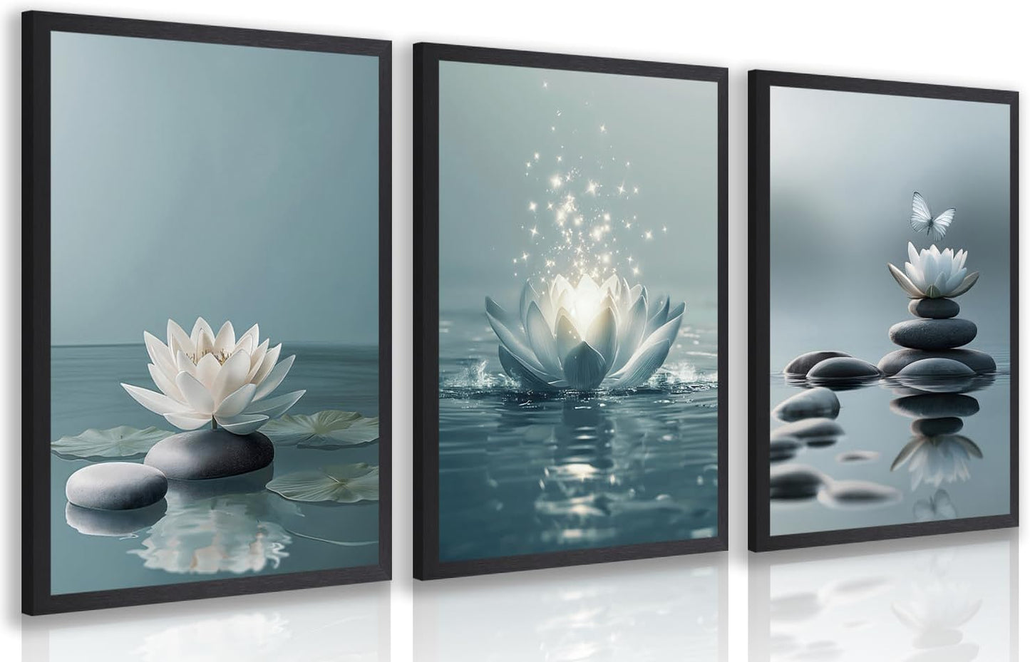GELDSTEI Calm Zen Botanical Canvas Wall Art, White Lotus Blooming on Stones in Water Aesthetic Pictures, Yoga Spa Meditation Room Decor, Modern Spiritual Poster Prints for Zen Office Framed Set of 3, Each 12x16 Inch