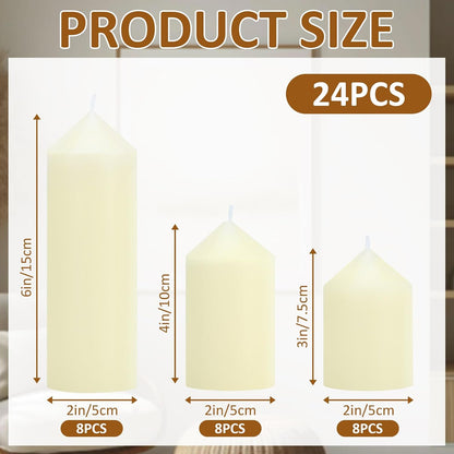 12-Pack Ivory Unscented Pillar Candle Set - 2x3, 2x6, 2x8-inch Long-Burning Drip-Free Tapers, 4 Per Size. Ideal for Home Decor, Weddings, Emergencies, and Holidays.