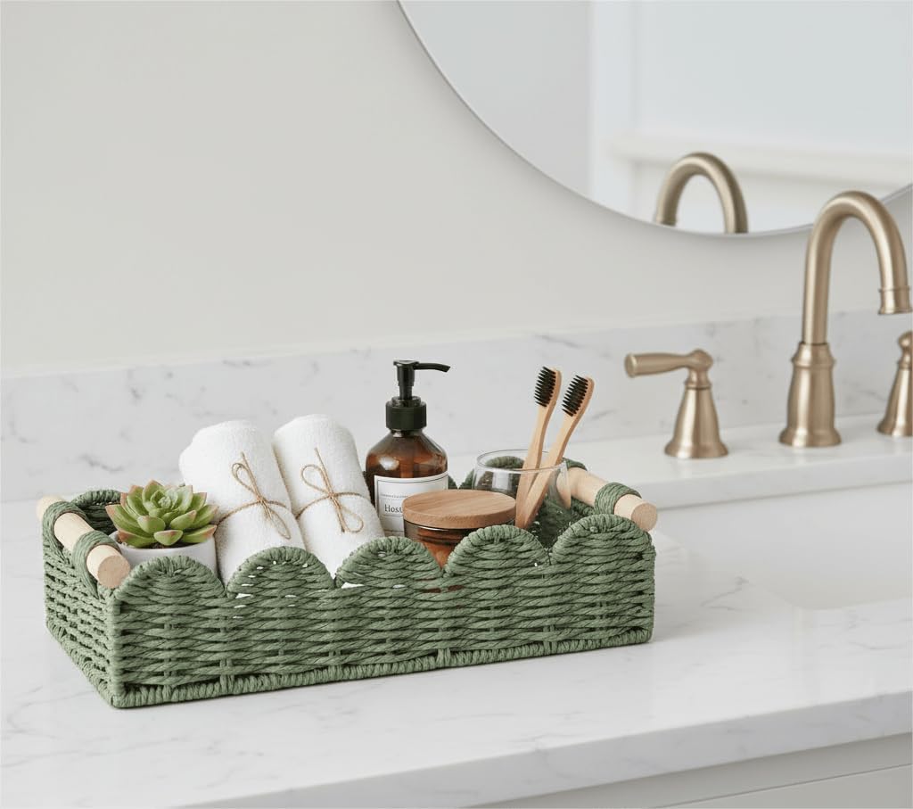CubesLand Paper Rope Scalloped Edge Toilet Paper Storage Basket, Small Living Room, Bedroom Decor Baskets for Over Toilet Storage Shelf, End Table, Shelves and More, with 2 Wooden Handle, Neutral
