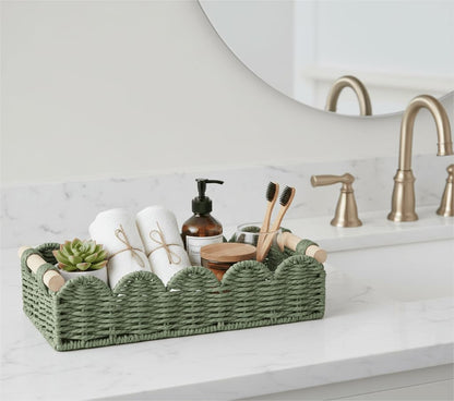 CubesLand Paper Rope Scalloped Edge Toilet Paper Storage Basket, Small Living Room, Bedroom Decor Baskets for Over Toilet Storage Shelf, End Table, Shelves and More, with 2 Wooden Handle, Neutral