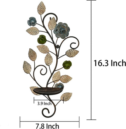 Metal Wall Candle Sconce Holders Set of 2, Rustic Leaf and Flower Branch Candle Holder Wall Decoration for Living Room Farmhouse Wedding Fireplace