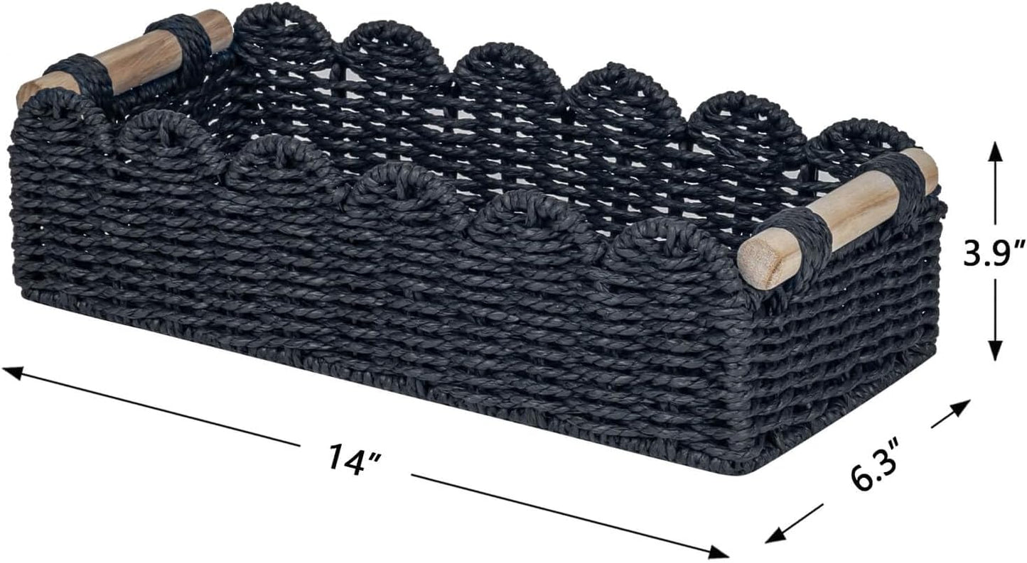 CubesLand Paper Rope Scalloped Edge Toilet Paper Storage Basket, Small Living Room, Bedroom Decor Baskets for Over Toilet Storage Shelf, End Table, Shelves and More, with 2 Wooden Handle, Neutral