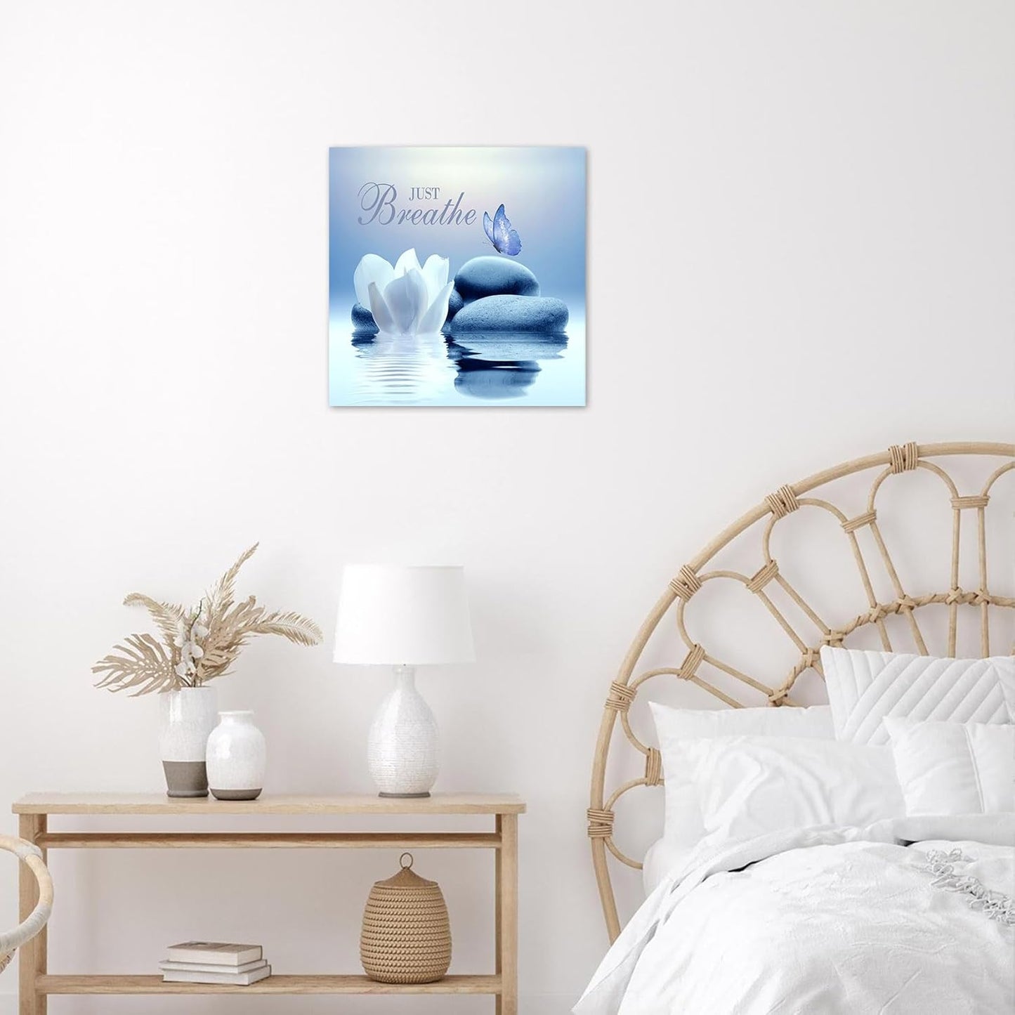 EOBTAIN Zen Flower Canvas Wall Art Bathroom Butterfly and Water Lily Stone Relaxing Spiritual Yoga Framed Wall Art Just Breathe Pictures Canvas Wall Decor for Living Room Bedroom,12x16 Inches