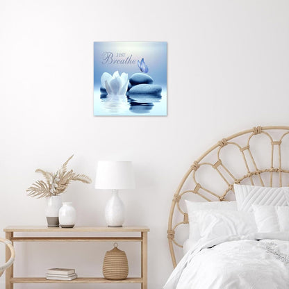 EOBTAIN Zen Flower Canvas Wall Art Bathroom Butterfly and Water Lily Stone Relaxing Spiritual Yoga Framed Wall Art Just Breathe Pictures Canvas Wall Decor for Living Room Bedroom,12x16 Inches