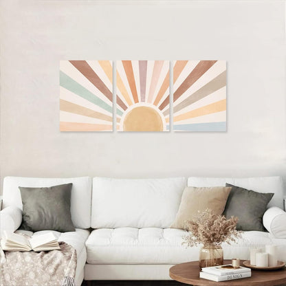Sage Green Boho Wall Art Set of 3, Minimalist Framed Wall Art Geometric Line Leaf Sun Moon Beige Green Canvas Artwork Paintings, Abstract Botanical Boho Room Decor, Office, 12"x16"