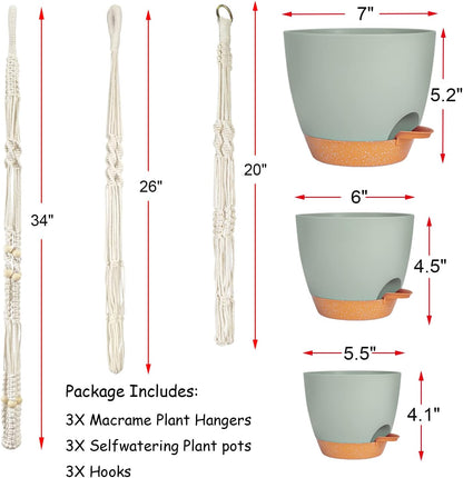 Bouqlife Hanging Planters with Macrame Plant Hangers for Indoor Outdoor Plants 3 Set Self Watering Pots Hanging Baskets Flower Pot Holders 3 Different Size