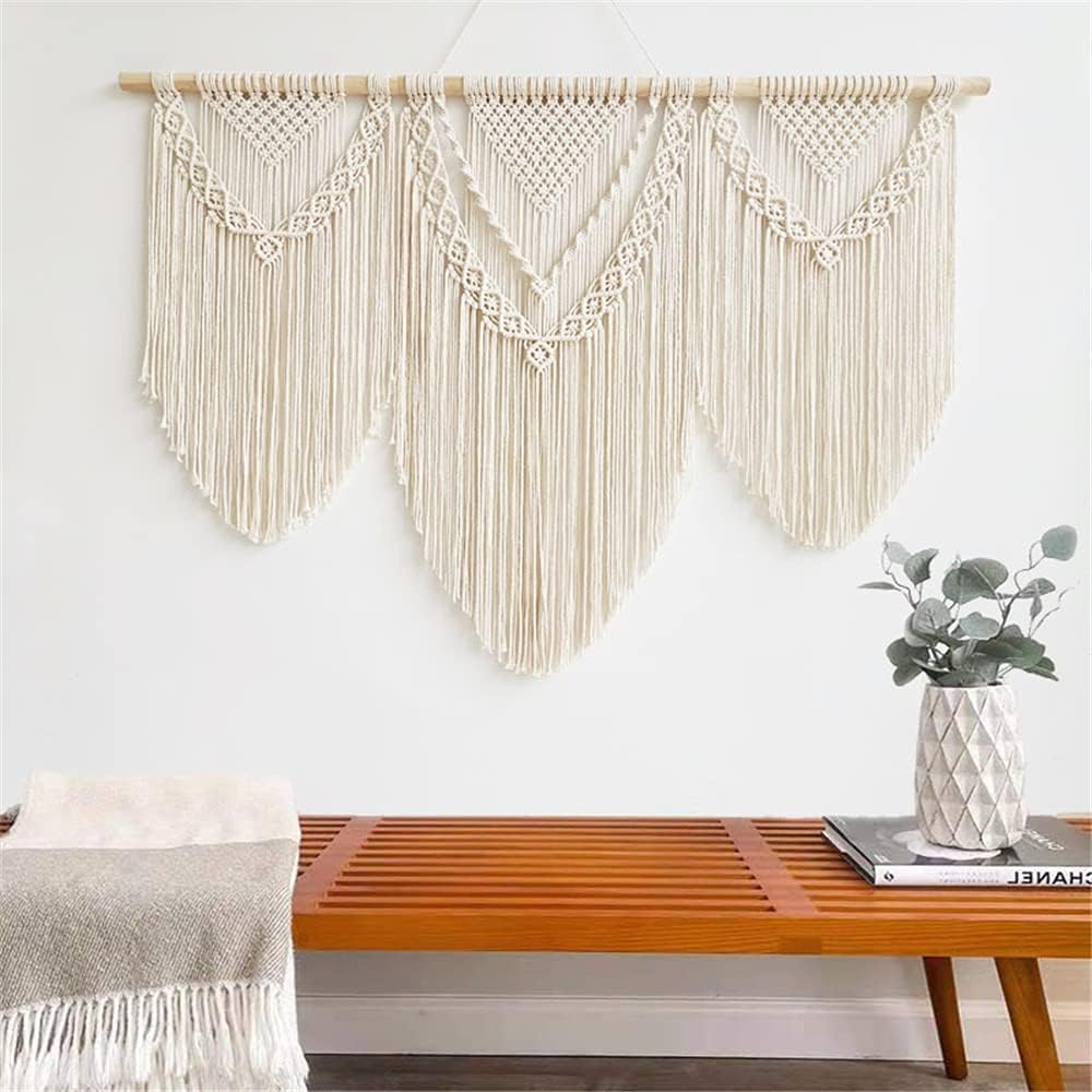 guzhiou large macrame wall hanging - Boho Tapestry Macrame Wall Decor Art- Chic Bohemian Handmade Woven Tapestry Home Decoration for Bedroom Living Room Apartment Wedding Party - 43"x32" (Wood bead)