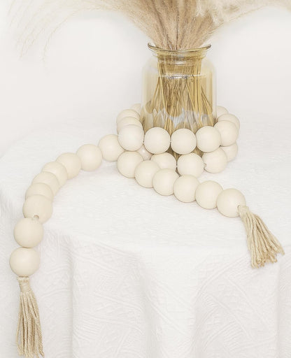 AceList 72" Large Wood Bead Garland with Tassels - Chunky Boho Farmhouse Decor for Coffee Table, Mantel & Entertainment Center - Natural Prayer Beads & Coastal Tray Styling (1.5 Inch Big Beads)