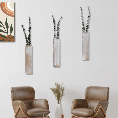 Wooden Wall Planter Set of 4 - Modern Home Decor for Living Room, Bedroom, Bathroom - Walnut Finish Planter for Dried Flowers, Faux Greenery, Indoor Plants