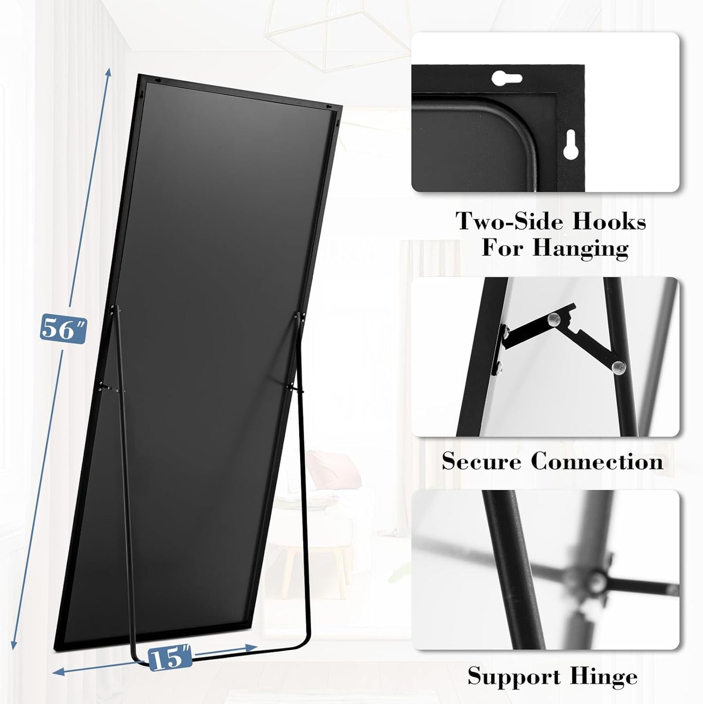 DUMOS Arched Full Length Mirror with Stand 64"x21" Floor Standing Aluminum Frame for Bedroom Body Hanging Leaning Modern Simple Home Decor Shatter-proorf Nano Glass Wall Living Room Cloakroom Black