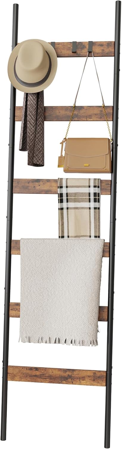 Blanket Ladder, 5-Tier Towel Holder with 4 Removable Hooks, Farmhouse Wall Leaning Decorative Rack Shelf, Wooden Towel Display Rack, Quilt Ladder for Living Room, Bedroom, Rustic Brown
