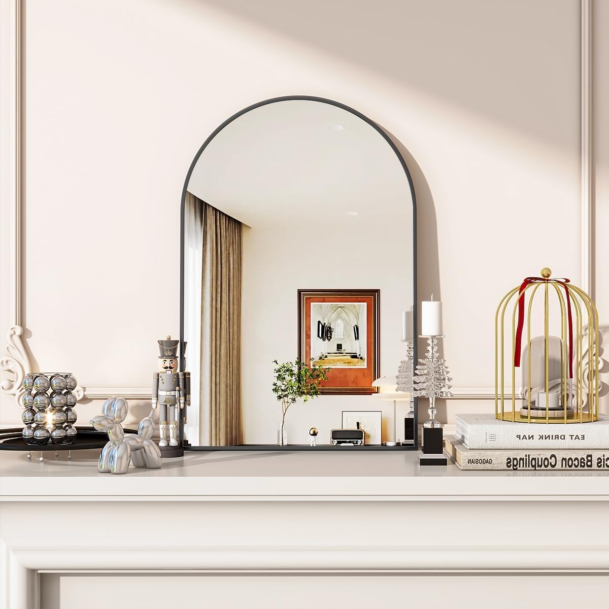 VooBang Arched Wall Mirror, 24 x 36 inch Arch Bathroom Mirror, Wall Mounted Vanity Mirror with Arch Metal Frame, Modern Bathroom Vanity Mirror for Bedroom, Living Room, Hanging or Leaning, Black