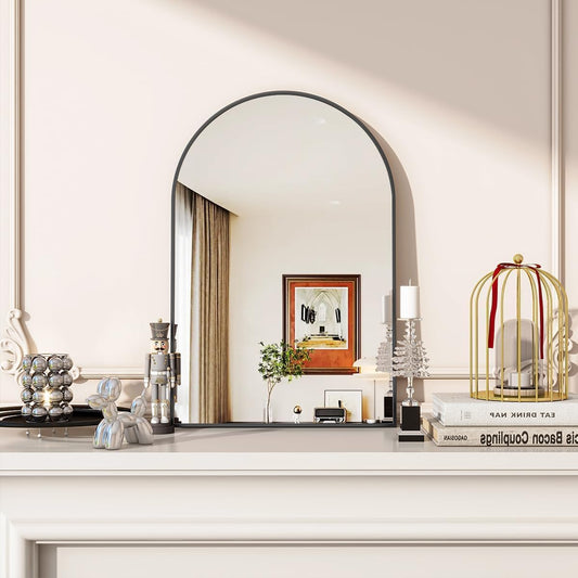 VooBang Arched Wall Mirror, 24 x 36 inch Arch Bathroom Mirror, Wall Mounted Vanity Mirror with Arch Metal Frame, Modern Bathroom Vanity Mirror for Bedroom, Living Room, Hanging or Leaning, Black