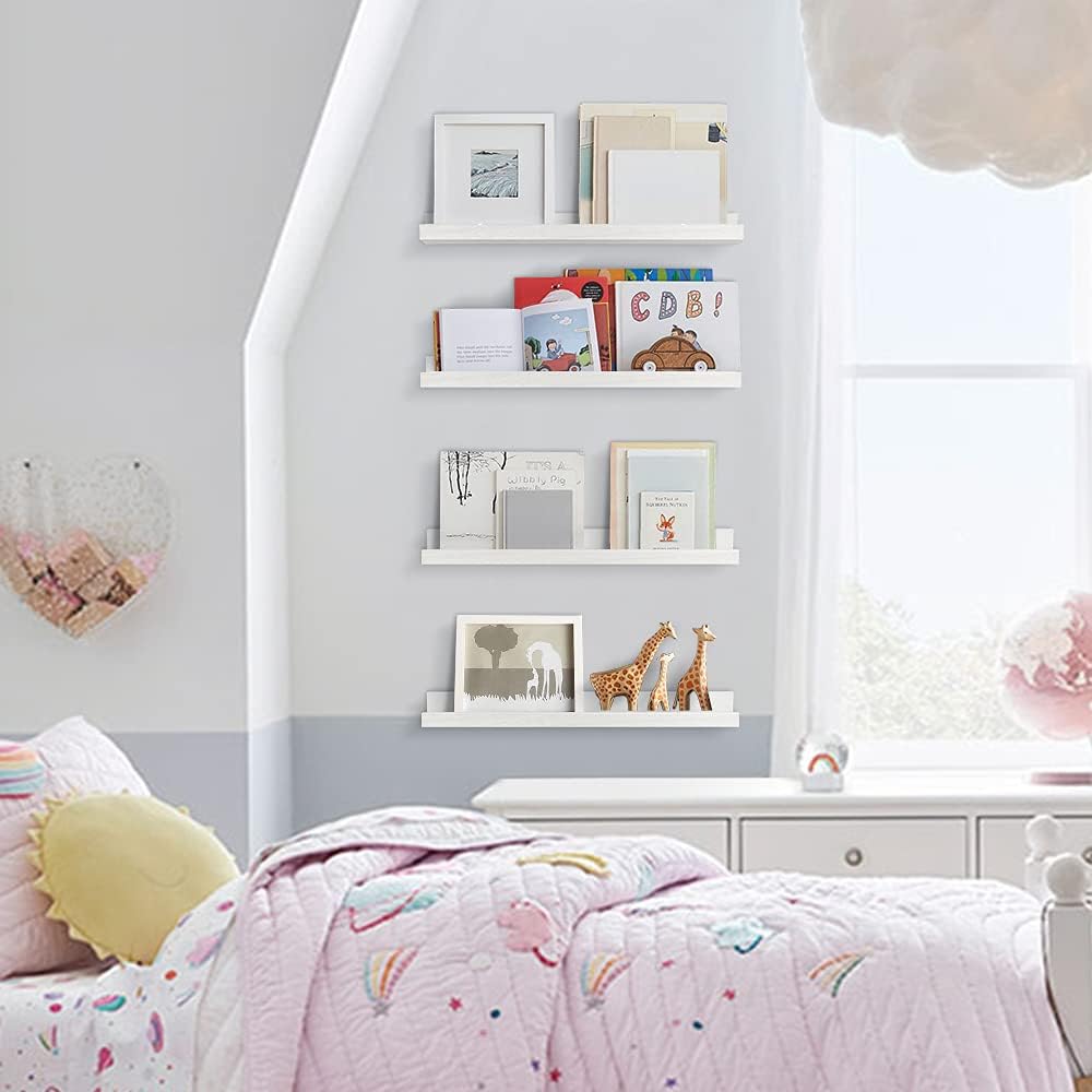 Forbena 36 Inch Floating Shelves for Wall 4-Pack, Large Nursery Book Shelves Bookshelf for Kids Bedroom, Long Picture Ledge Shelf with Lip for Living Room Photo Frames Art Display (White Solid Wood)