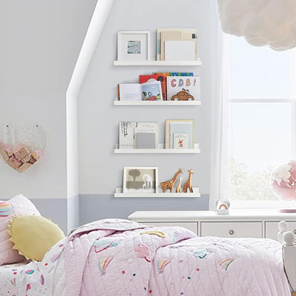 Forbena 36 Inch Floating Shelves for Wall 4-Pack, Large Nursery Book Shelves Bookshelf for Kids Bedroom, Long Picture Ledge Shelf with Lip for Living Room Photo Frames Art Display (White Solid Wood)