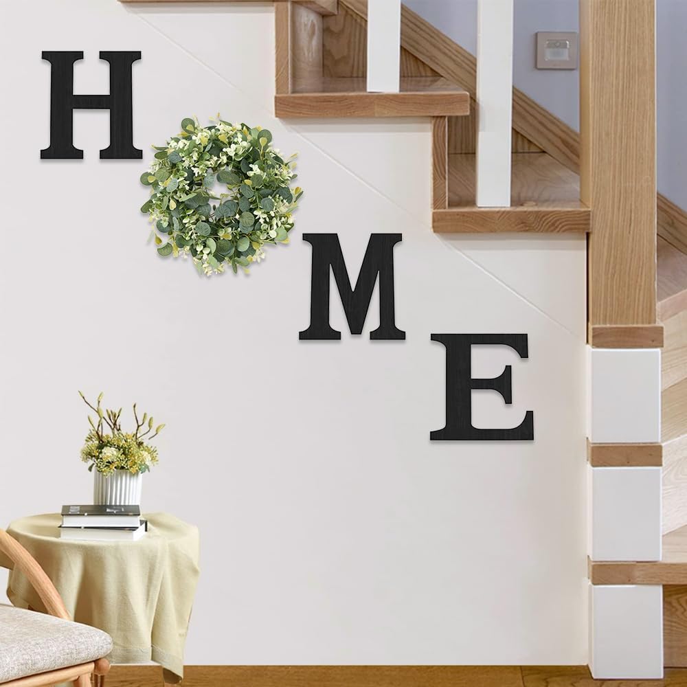 Pinkpum Wood Home Sign with Artificial Eucalyptus Wreath for O, Hanging Farmhouse Wall House Decor Wood Letters for Wall Art Rustic Home Decor, Wall Decor for Living Room Kitchen Entryway (Black)