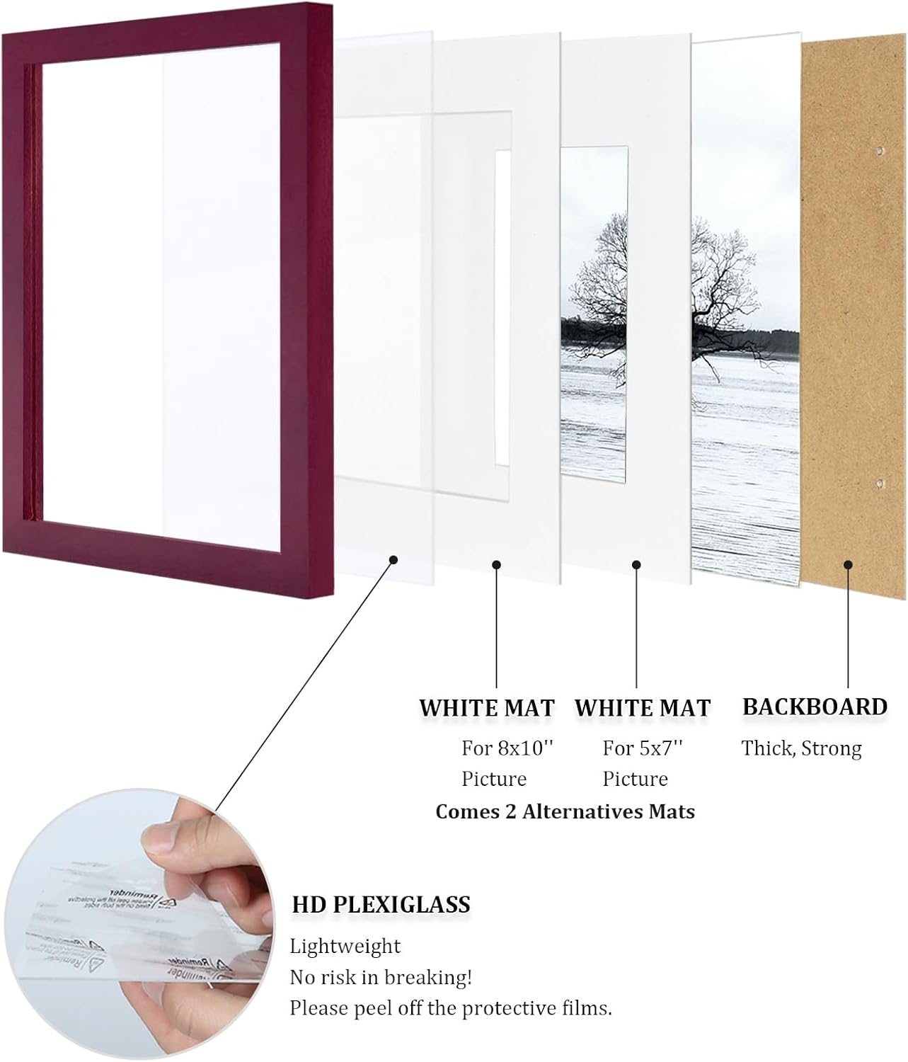 Egofine 12x16 Picture Frame Black, Covered by Plexiglass Made of Solid Wood, Display Pictures 9x12 and 11x14 with Mat or 12x16 Without Mat, for Wall Mounting Photo Frame - Colors A