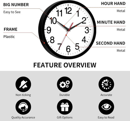 Rohioue Wall Clock Modern 8 Inch Battery Operated Silent Non Ticking Small Analog Clock for Living Room Office Home Bedroom Kitchen Bathroom(Black)