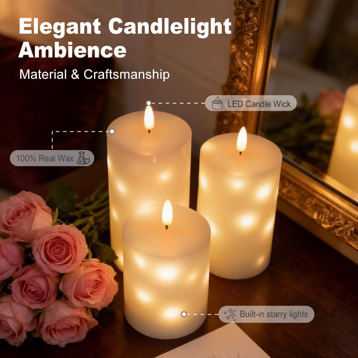 Rechargeable Flameless Glass Pillar Candles–Gifts for Women,–Set of 3, Realistic Flickering LED Light,Remote & Timer, Ideal for Living Room, Bedroom & Festival Wedding Home Party Decor