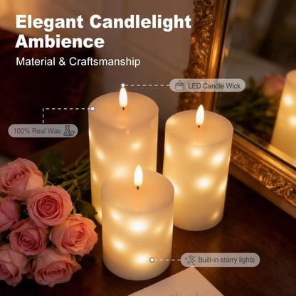 Rechargeable Flameless Glass Pillar Candles–Gifts for Women,–Set of 3, Realistic Flickering LED Light,Remote & Timer, Ideal for Living Room, Bedroom & Festival Wedding Home Party Decor