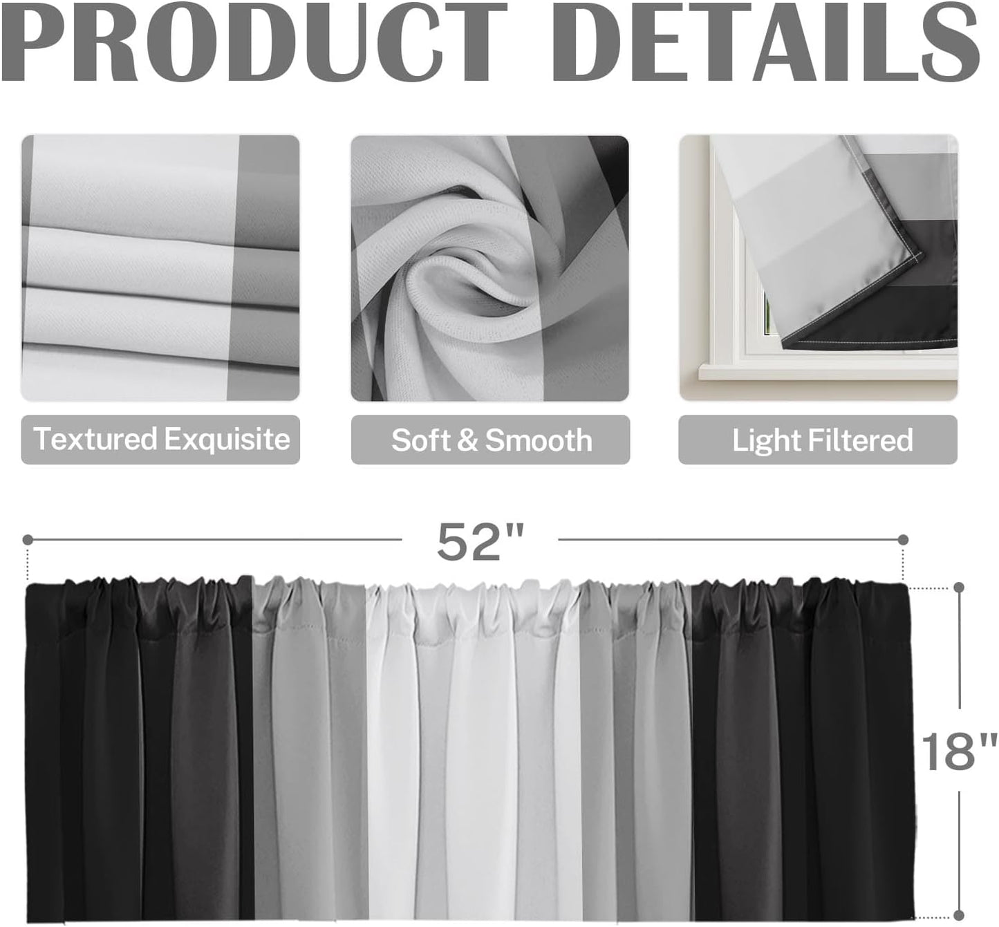 Emvency 2 Pack Dark Grey Valances Window Treatments, Gray Striped Abstract Blackout Drapes Adjustable Curtain for Windows Living Room Kitchen Over Sink, 52x18 Inch Rod Pocket Valances