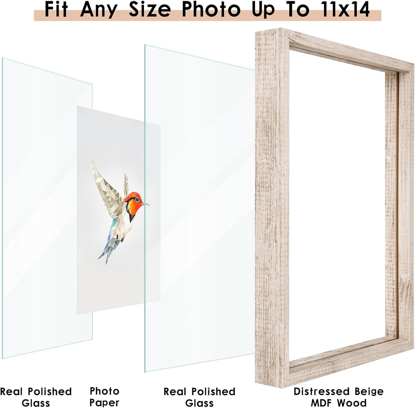 MUYE 11x14 Floating Frame Set of 2,Double Glass Rustic Frame,Display Any Size Photo up to 11x14,Wall Mount or Tabletop Standing,Natural