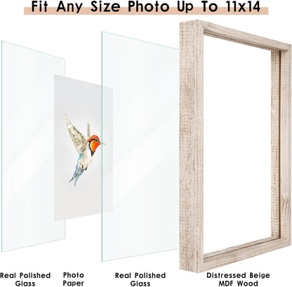 MUYE 11x14 Floating Frame Set of 2,Double Glass Rustic Frame,Display Any Size Photo up to 11x14,Wall Mount or Tabletop Standing,Natural