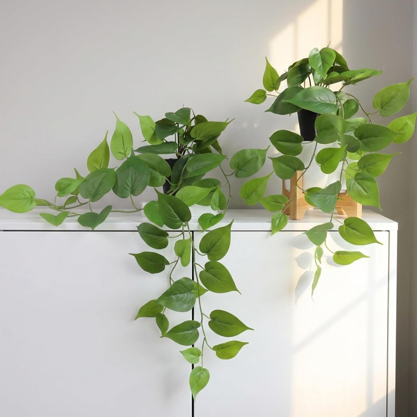 Artificial Pothos Hanging Plants 2 Pack with Pots, Realistic Fake Hanging Plants Indoor, Faux Greenery Vines for Shelf, Bathroom, Living Room, Office Decor