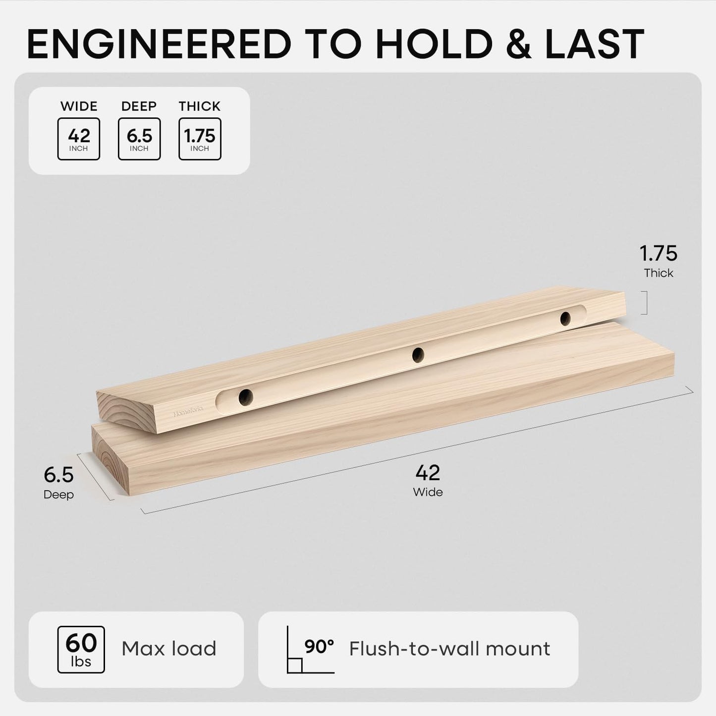 Homeforia 24 inch Natural Floating Shelf, High End Solid Real Wood 24inch Small Floating Shelves for Wall Mounted, Natural Wooden Floating Shelves, Heavy Duty Bracket, 24 X 6.5 X 1.75 in, Set of 2