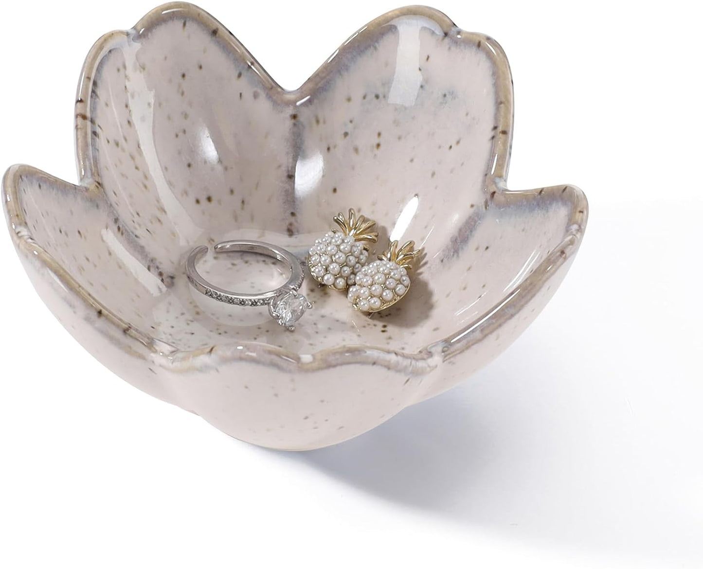 Pink Flower Ring Dish Holder,Jewelry Dish Tray,Small Trinket Tray,Jewelry Plate Bowl,Key Bowl,Decorative Plate,Mothers Day Birthday Gifts for Women Friends,Ceramic Kiln effect White