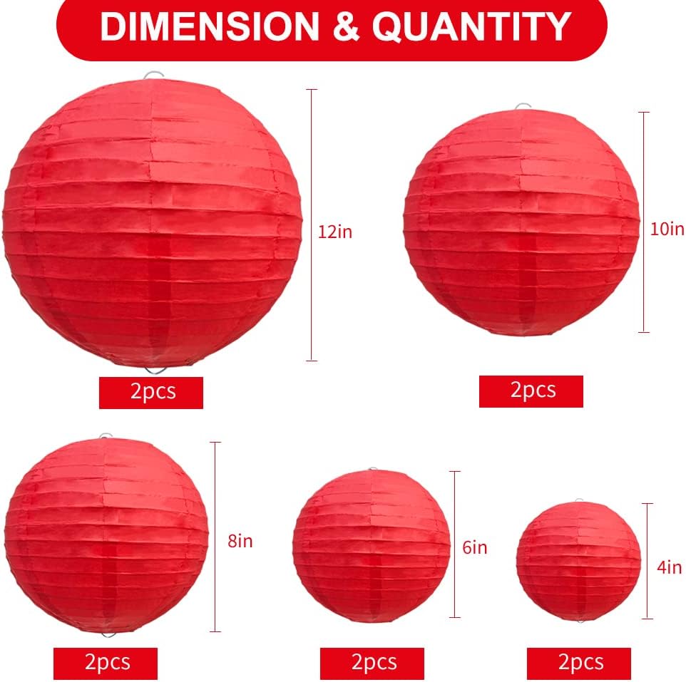 BEISHIDA 10Pcs White Paper Lanterns Decorative Chinese/Japanese Hanging Round Paper Lanterns Lamp for Birthday, Wedding, Christmas, Bridal, Home Decor, Party Decoration(Size of 4”, 6”, 8”, 10”)