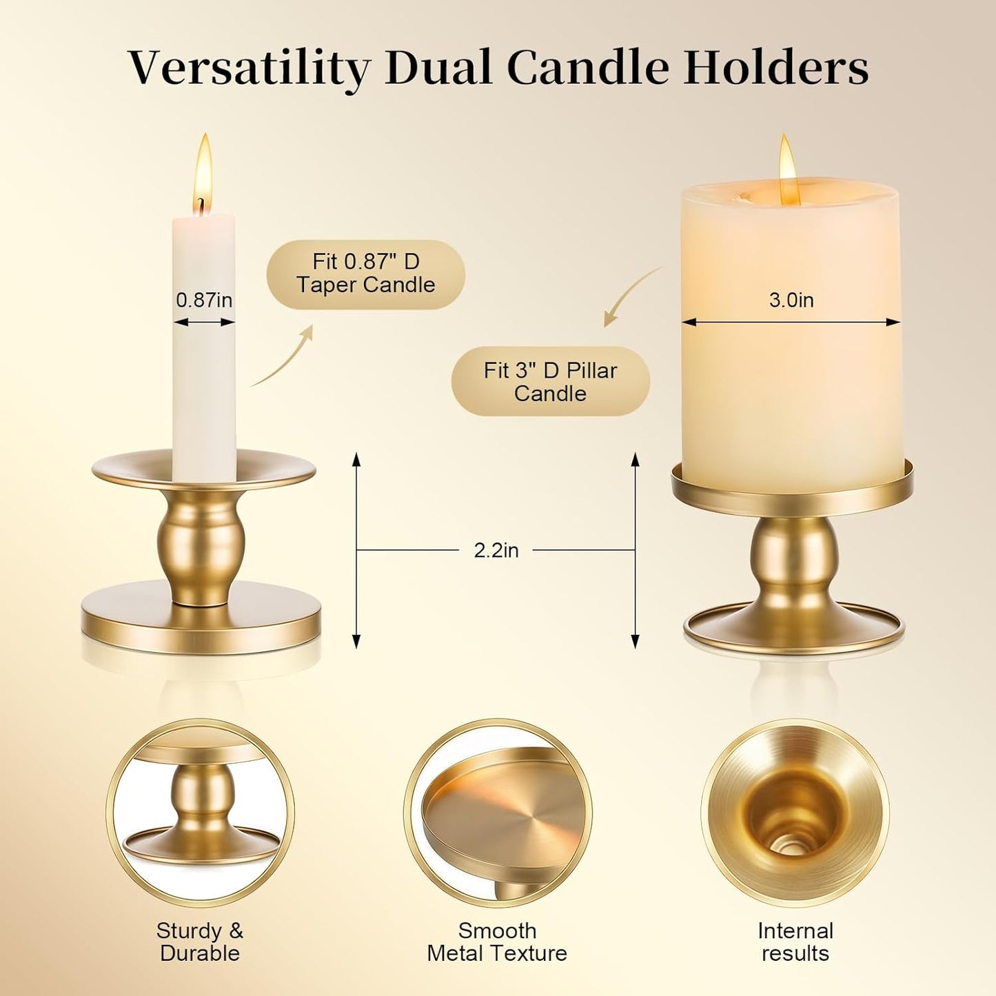 Pillar & Taper Dual Candle Holder: Fit 3"D and 0.87"D Candles - Stable Wide Base & Easy Clean - Smooth Metal Texture Candlestick for Wedding Home Holiday Table Centerpiece Decor - Set of 3 Gift (Gold)