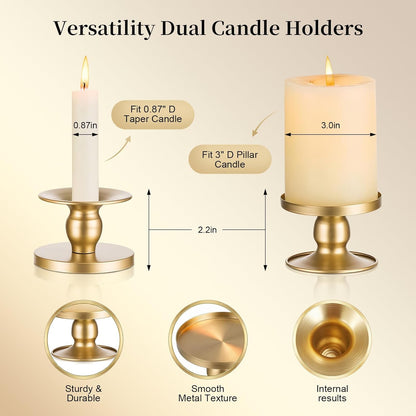 Pillar & Taper Dual Candle Holder: Fit 3"D and 0.87"D Candles - Stable Wide Base & Easy Clean - Smooth Metal Texture Candlestick for Wedding Home Holiday Table Centerpiece Decor - Set of 3 Gift (Gold)