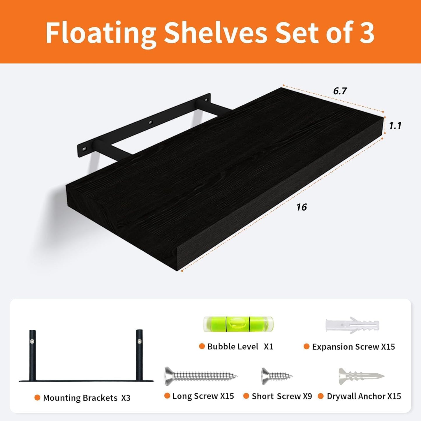 Upassion White Floating Shelves - Set of 3, 16" Wall Mounted Shelves for Home Decor, Living Room, Bedroom, Bathroom, Kitchen