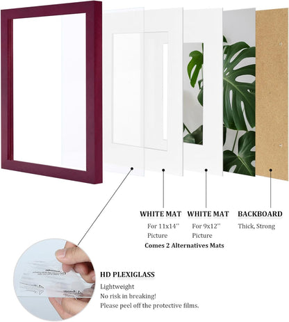 Egofine 12x16 Picture Frame Black, Covered by Plexiglass Made of Solid Wood, Display Pictures 9x12 and 11x14 with Mat or 12x16 Without Mat, for Wall Mounting Photo Frame - Colors A