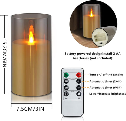 wemarry Flameless Candles 4" 5" 6" Acrylic Glass Pillars 3" Diameter Battery Operated Flickering Candles Include 8-Key Remote with Timer Function 400+ Hours (Gray, Warm Light 3 Pack)