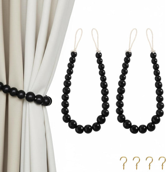 Hion 2 Pcs Boho Curtain Tiebacks,Wood Beads Curtain Holdbacks,Outdoor Farmhouse Tie Backs for Curtains,Curtain Holders for Drapes Home Office Decor with Hooks(Wood Color)