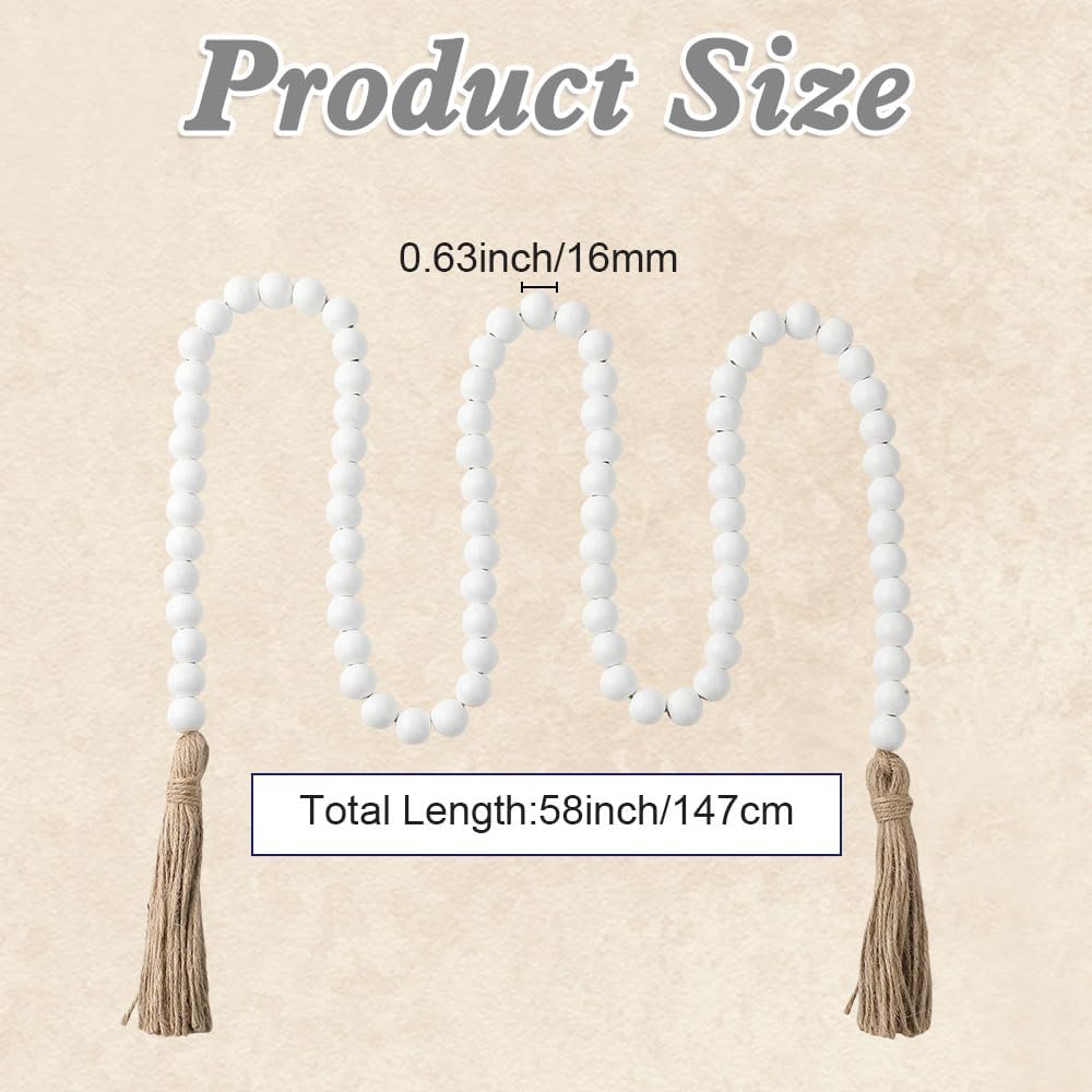 Wood Bead Garland 58 Inch Nature Wooden Beads for Boho Farmhouse Table Home Decor with Tassel, Wooden Prayer Bead, Rustic Country Boho Wall Hanging Decor for Kitchen Modern Living Room Tray Vase Shelf