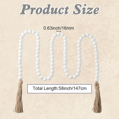 Wood Bead Garland 58 Inch Nature Wooden Beads for Boho Farmhouse Table Home Decor with Tassel, Wooden Prayer Bead, Rustic Country Boho Wall Hanging Decor for Kitchen Modern Living Room Tray Vase Shelf