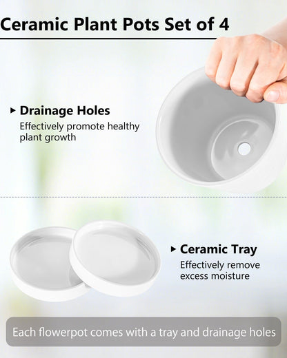 EFISPSS Flower Planter –5 inch Ceramic Plant Pots with Drainage Hole and Ceramic Tray - Gardening Home Desktop Office Windowsill Decoration Gift Set of 4 - Plants NOT Included