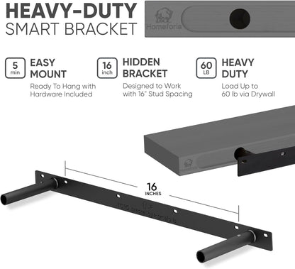Homeforia 24 inch Natural Floating Shelf, High End Solid Real Wood 24inch Small Floating Shelves for Wall Mounted, Natural Wooden Floating Shelves, Heavy Duty Bracket, 24 X 6.5 X 1.75 in, Set of 2