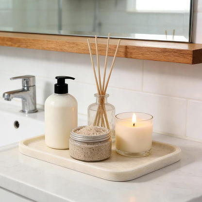 Koville Romano Travertine Tray, 12"x8" Natural Stone Vanity Tray for Countertop Bathroom Kitchen Dresser, Decorative Marble Catchall Trays for Perfume Jewelry, Rectangular Serving Tray(Beige)