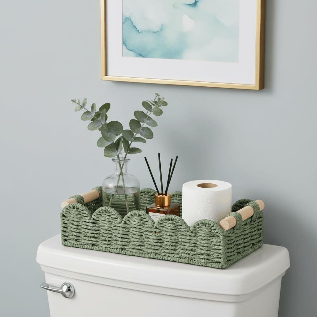 CubesLand Paper Rope Scalloped Edge Toilet Paper Storage Basket, Small Living Room, Bedroom Decor Baskets for Over Toilet Storage Shelf, End Table, Shelves and More, with 2 Wooden Handle, Neutral
