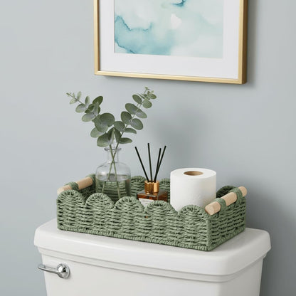 CubesLand Paper Rope Scalloped Edge Toilet Paper Storage Basket, Small Living Room, Bedroom Decor Baskets for Over Toilet Storage Shelf, End Table, Shelves and More, with 2 Wooden Handle, Neutral