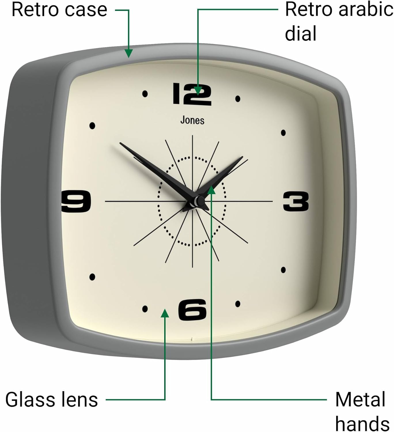 JONES CLOCKS® Movie wall Clock | Retro Rectangular Clock | 10 inch | Orange | Cool mid-Century Designer Look for Kitchen, Living Room or Office